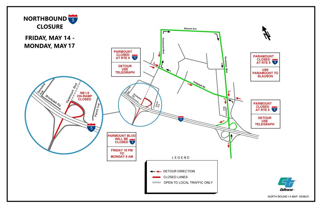 A map depicting the detour directions during the May 14 to May 17 closure of northbound Freeway 5. The map is depicted with simple, solid lines, drawing out Freeway 5 and the roads on the detour. Boxes around the map state the length of the closure and the locations of the detours. Drivers will be detoured from Paramount Boulevard and the closed northbound Freeway 5 on-ramp to Telegraph Road, Slauson Avenue, and Rosemead/Lakewood Boulevard.