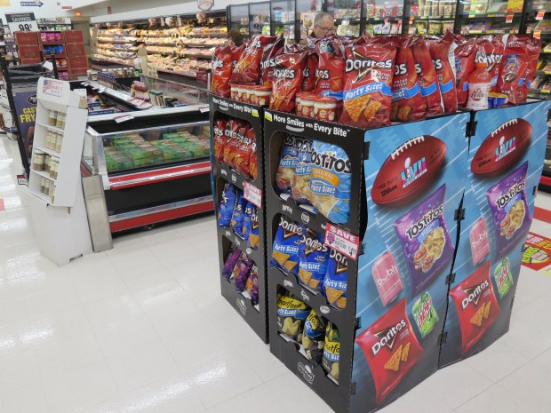 A Super Bowl display of chips at the Redner's Warehouse Markets in South Heidelberg Township. (DAVID MEKEEL - READING EAGLE)