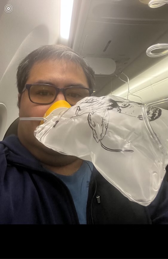 Passenger Jonathan Torres of Redlands took this selfie while wearing the oxygen mask that dropped after a window blew out of the Alaska Airlines Boeing 737 Max 9 jet he was flying Friday, Jan. 5, 2024, from Portland to Ontario. (Photo courtesy of Jonathan Torres)