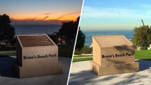 A split image shows the Bruce's Beach Park bronze plaque (left) before it was stolen in January 2024 (right).